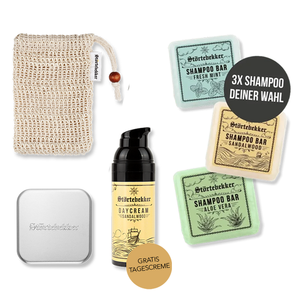 Dusch Routine Set inkl. GRATIS Tagescreme - 3x festes Shampoo nach Wahl